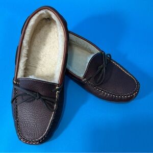 Men's LL Bean Brown Bison Leather Moccasin Slippers with Shearling Lining